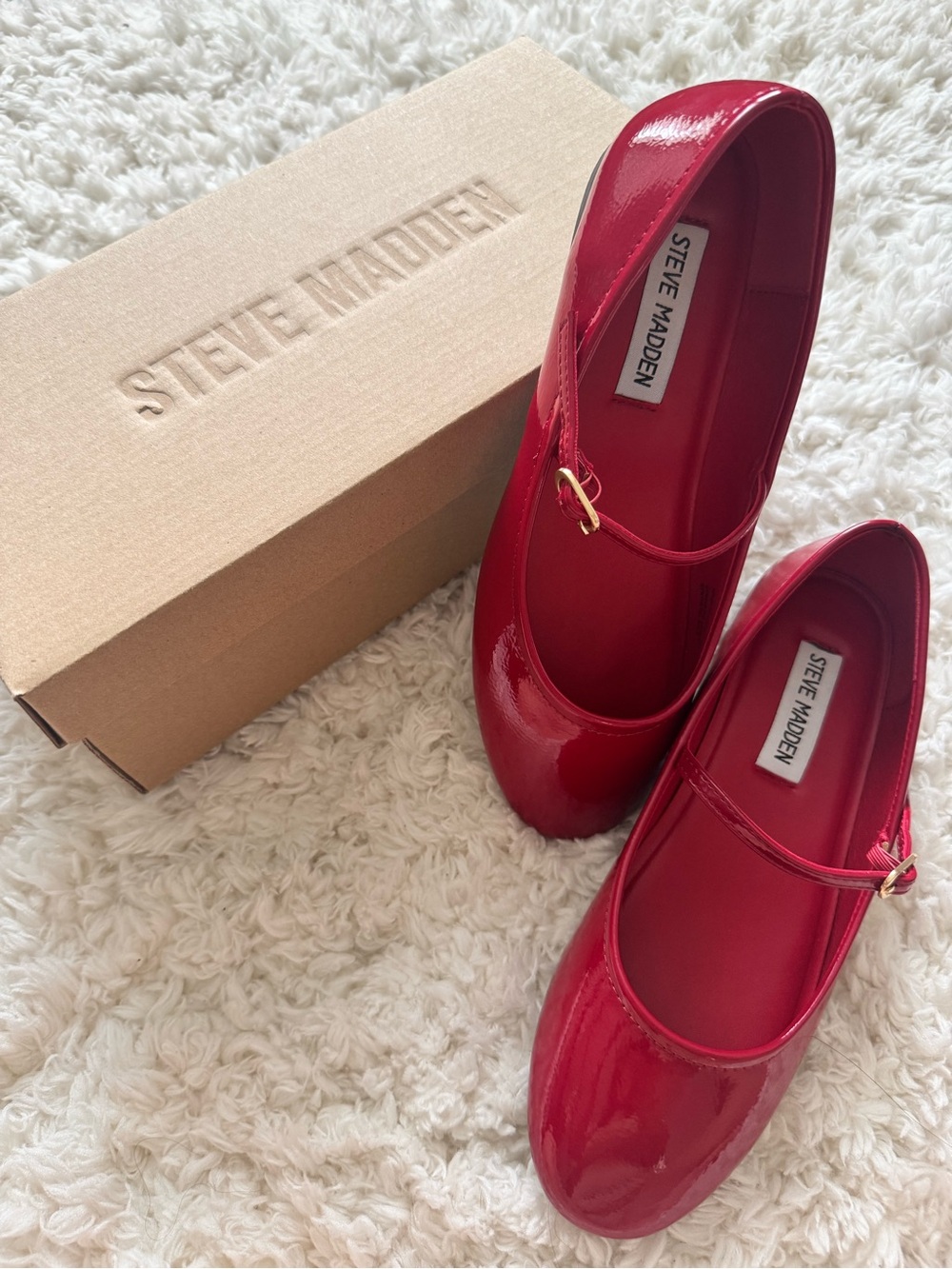 Steve Madden Red Patent Mary Jane Flats with Gold Buckle